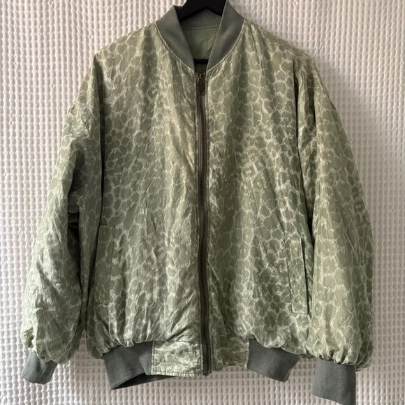 Vtg Donna Toran reversible silk bomber jacket sage green white women's large - Picture 1 of 7